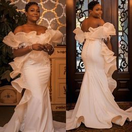 2022 Modern Mermaid Wedding Dresses For Arabic Women Off The Shoulder Neck Plus Size Bridal Gowns Beaded Ruffles Sweep Train Satin Vestido De Novia