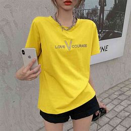 Loose O collar cotton embroidery T-shirts women short sleeve summer Korean version Tees Trend Tops y2k tops for 210507