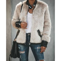 Women Warm Teddy Bear Fleece Leather Patchwork Pocket Long Sleeve Slim Jacket Zip Up Oversize Outwear Coats Y0829
