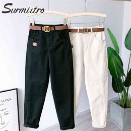 Spring Summer Cotton Denim Korean Style Ankle Harem Pants Women Black White High Waist Trousers Female With Belt 210421