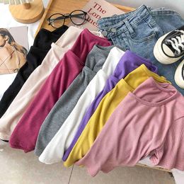 Casual o neck solid color short-sleeved T-shirt women tops tee summer Korean tight-fitting stretch outer wear bottoming top 210420