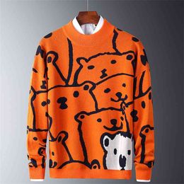 Mens Autumn Casual Sweaters Polar Bear Pattern Trendy Slim Cotton Long Sleeve Round Collar Male Warm Pullovers Orange 210812