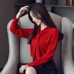 Korean Women Shirts Blouses Long Sleeve Shirt Tops Woman Chiffon Blouse Spring Bow Tie Ladies V Neck Top XXL 210427