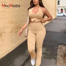 Striped Casual Outfits Women Two Piece Set Halter Cut Out Backless Crop Tops And Skinny Pants Suit Female Spring Streetwear Sets 210517