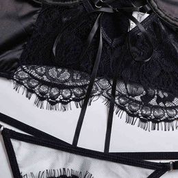 NXY sexy setAduloty Summer Women's Sexy Eyelash Mesh Perspective Lace Tie Rope Top Erotic Lingerie Steel Ring Gathered Bra Thongs Set 1128