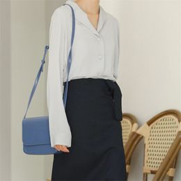 Gentle Blue Solid Brief All Match Office Lady Full Sleeves Chic Sweet Vintage Women Slim Streetwear Shirt 210421