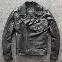 Men's Leather & Faux Moto Biker Genuine Cow Mens Jacket Luxury Designer Slim Fit Turn-down Collar Male Coat Solid Black Zippers Overcoats