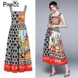 boho midi dress summer women spaghetti strap camisole tropical plaid printed casual plus size 2XL dresses robe sexy 210421