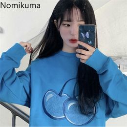 Nomikuma Women Sweatshirts Korean Chic Cartoon Cherry Embroidery Pullover Hoodies Autumn Plus Velet Sweet Top Jumper 6C615 210427