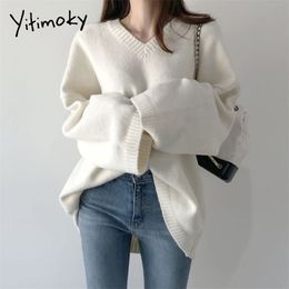 Yitimoky Sweater Women Black White Pullovers Korean Style Autumn Winter Loose Casual V-Neck Knitted Top Solid Clothing 210922