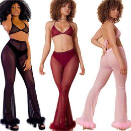 OMSJ Two Pieces Outfits For Women,See-through Crop Top and Wide Leg Pants Tracksuit Ladies,Summer Sexy Club Set Ropa Mujer 210517