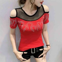 Fashion Diamond Net yarn T-Shirt Ladies O-Neck summer Tops T-Shirts Women Large size Short sleeve women clothing 210507