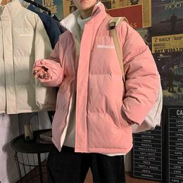 Hybskr Fleece Thicken Letter Graphic Men Winter Coat Stand Collar Oversize Parkas Korean Style Male Padded Coat Warm Jackets 211008