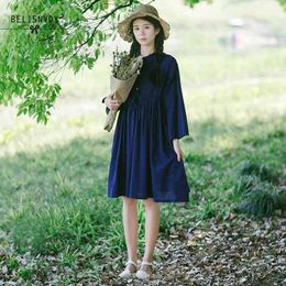 Cotton Linen Summer Women Vintage Dress Turn-down Collar Casual Loose Mujer Vestidos Elegant Mori Girl White Navy Midi Dresses 210520