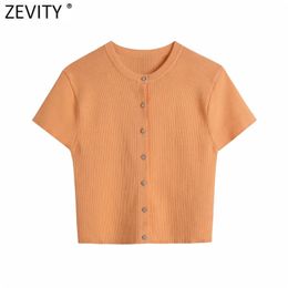Zevity Women Simply O Neck Short Sleeve Orange Colour Short Knitted Sweater Female Chic Diamond Buttons Cardigans Coat Tops SW807 210810