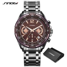Sinobi 2021 Top Quality Luxury Business Men's Luminous Watches Stainless Steel Chronograph Quartz Watch Male Clock Relogio Saat Q0524