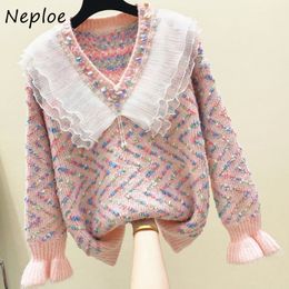 Neploe V-neck Sequined Beading Patchwork Mesh Sweaters Sweet Women Pullovers Chic Panelled Flare Sleeve Knitted Jacket 210423