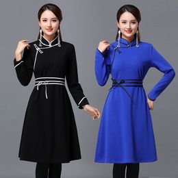 Fashion ethnic Clothing mongolian Style Women long sleeve Dress Vintage stand Collar Robe Blouse Asian elegant costume