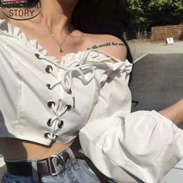 Summer One-word Shoulder Shirt Vintage Tops for Women Sweet Blouse Solid Cotton Strap Long Sleeve Office Lady Blusa Chic 14745 210527