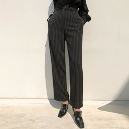 Fashion Women Striped casual Trousers Women's Elegant Black l High Waist Pocket Straight Wide Leg Pants 210520