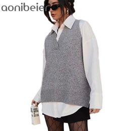 Aonibeier Women Knitted Sweater Vest Spring Winter Solid V-Neck Sleeveless Korean Female Waistcoat Outerwear Pullover Tops 210819