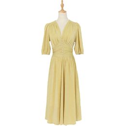 Green Yellow Lurex V Neck Bling Vintage Dress Fit And Flare Midi Short Sleeve Solid D1154 210514