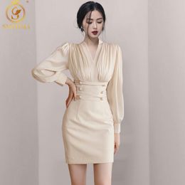 Women's Spring Package Hip Mini Dresses Korean High Waist Double Breasted Elegant Vintage Vestido Da Festa 210520