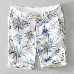 Summer Men Hip Hop Shorts 100% High Quality Linen Hawaii Tree Printed Mid Waist Holiday Beach Soft Breathable Streetwear 210716