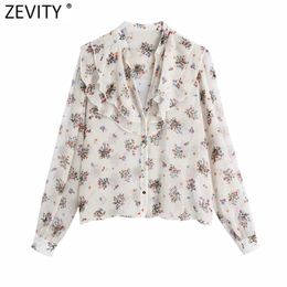 Women Vintage V Neck Flower Print Casual Smock Blouse Office Lady Cascading Ruffle Shirts Chic Chiffon Blusas Tops LS9020 210420