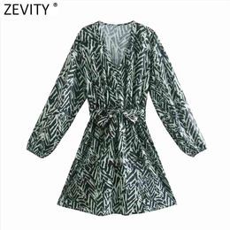 Women Vintage V Neck Printing Bow Tied Sashes Mini Dress Female Pleats Puff Sleeve Casual Slim Vestido DS5018 210416