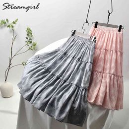 Summer Skirt Long White Skirts For Women High Waist Chiffon Pleated Long Tulle Mesh Skirt Maxi Women's Summer Skirts Woman 210421