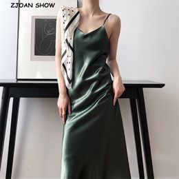 Sexy Solid Colour V Collar Backless Bright Satin Sling Dress Woman Vintage Spaghetti Strap A line Like silk Mid Long Base 210429