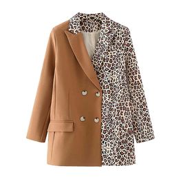 Solid Patchwork Leopard Elegant Women Blazer Oversize Chic Pockets Jacket Double Breasted Office Lady Work Coat Outwear 210430