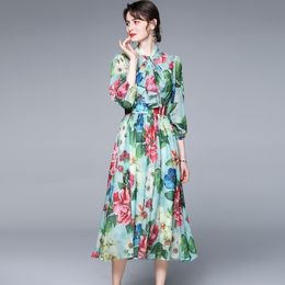 Summer Sweet Floral Print Chiffon Dress Elegant Bowknot Collar Slim Waist Holiday Pleated Dresses 210518