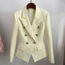 HIGH STREET est Classic Designer Blazer Women's Lion Buttons Double Breasted Slim Fit Textured Pastel yellow 211122