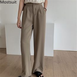 High Waist Wide Leg Suit Pants Trousers Women Elastic Full-length Office Ladies Capris Korean Fashion 210513