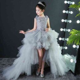 Kids Dresses Girl Long Trailing Prom Gray Tulle Gowns Appliques Lace New Children Graduation Dress Teen Wedding Bridesmaid Robe G1218