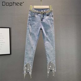 Spring Women's Cotton Elastic High Waist Irregular Tassel Denim Pants Hole Ripped Ankle Length Jeans 210629