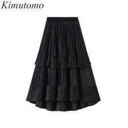 Kimutomo Women Pleated Skirts Spring Autumn Korea Chic Female Solid Irregular Velvet Patchwork Skirt Outwear Casual 210521