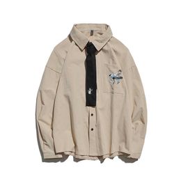 Mens Streetwear Fashion Shirts Oversized Chest Pocket Print Harajuku Shirt Long Sleeve Japanese Comic Boy Tie Shirts For Man Top 210527