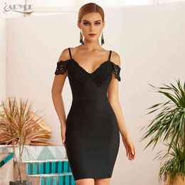 Summer Women Black Off Shoulder Bodycon Bandage Dress Sexy Lace Short Sleeve Club Celebrity Evening Runway Party 210423
