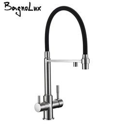 Bagnolux Brushed Nickel Brass Sink Black hose Mount Pull Down Dual Sprayer Nozzle Mixer Water Taps Kitchen Faucet 210724