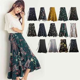 Bohemia Beach Skirt Women Spring Summer Chiffon Flower Pattern Medium Elastic Waist 210708