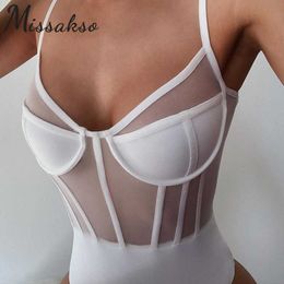 Missakso Mesh See Through Striped Bodysuit Party Club Summer Black White Women Sexy Skinny Backless Tops Rompers 210625