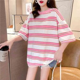 2022 New arrivals tees harajuku Women Rainbow Striped Oversized T-shirt Fashion 90s short Sleeve woman T-shirts Casual pink Tops G220310