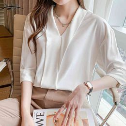 Summer Short Sleeve Blouse Women Solid V Neck Chiffon Shirts Plus Size Female Clothing Tops Chemise Femme 14029 210508