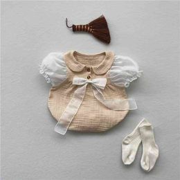 Newborn Girl Summer Clothes Infant Kids Girls Onesie Clothing Mesh Bubble Sleeve Cotton Bow Baby Girl's Cute Bodysuits 210413