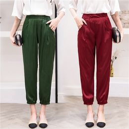 Nature Silk Harem Pants Women 2019 Summer Korean Work White Pants Elastic Waist Pants Solid Silk Real Silk Trousers Q0801