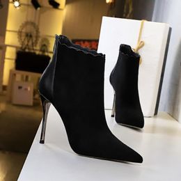 Boots European And American Style Fashion Simple Slim Super High Heel Suede Pointed Pedicure Was Thin Nightclub Sexy Short