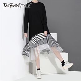 Elegant Patchwork Striped Dress For Women O Neck Half Sleeve High Waist Irregular Hem Casual Dresses Female Spring 210520